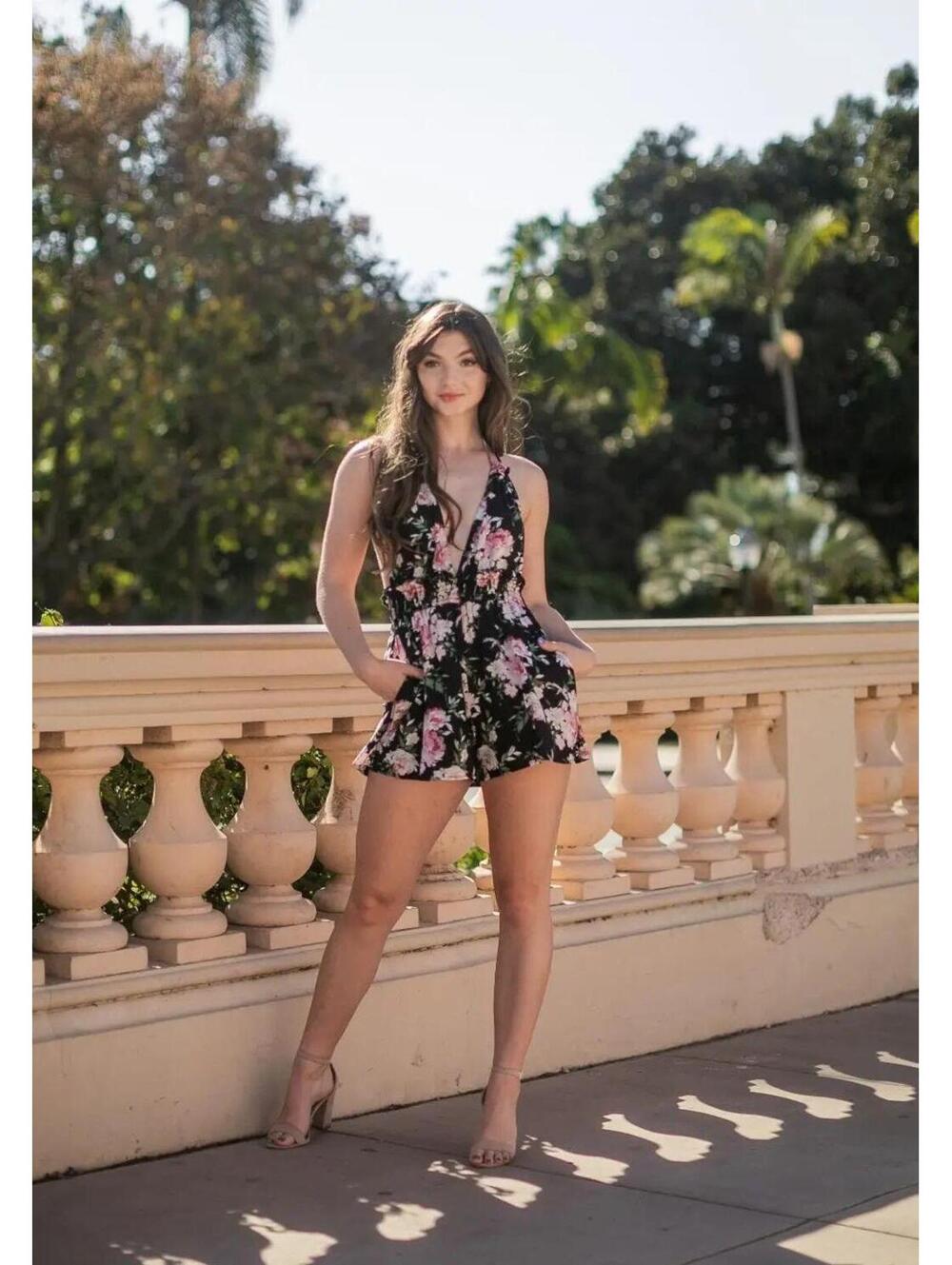 Verte Black Floral Halter Romper with Pink Floral Print